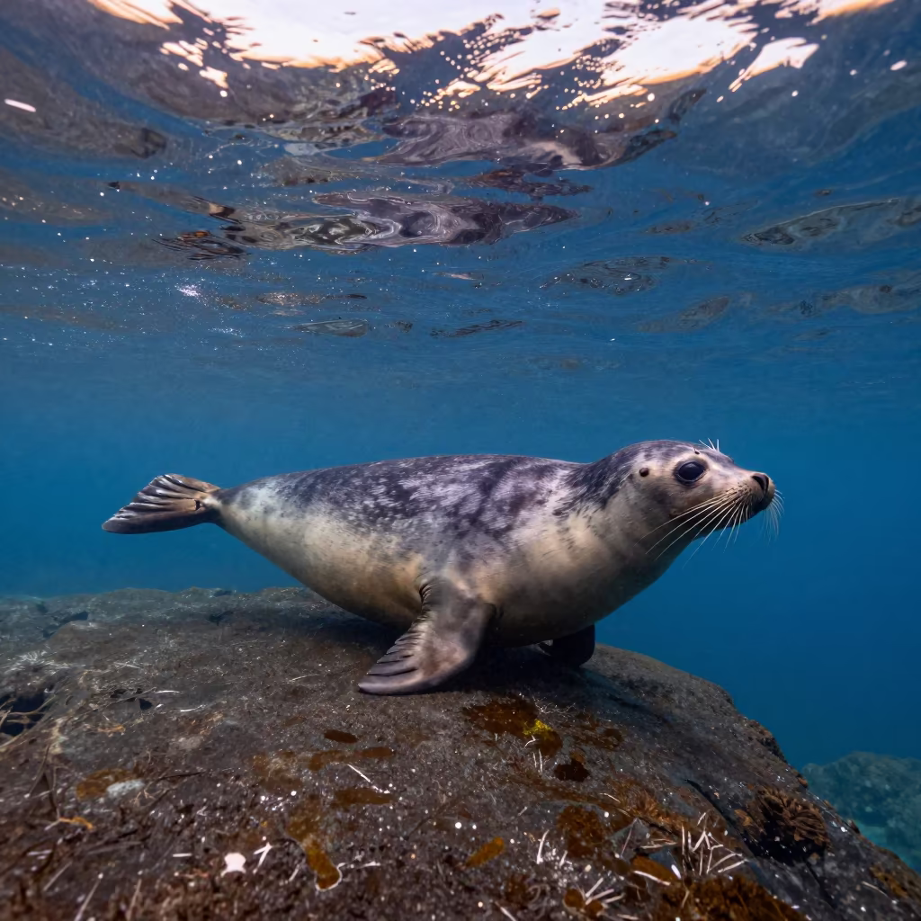 Seal in Cobalt Water with Silver Highlights in beside a tide-cut rock ledge under clear water in Queensland