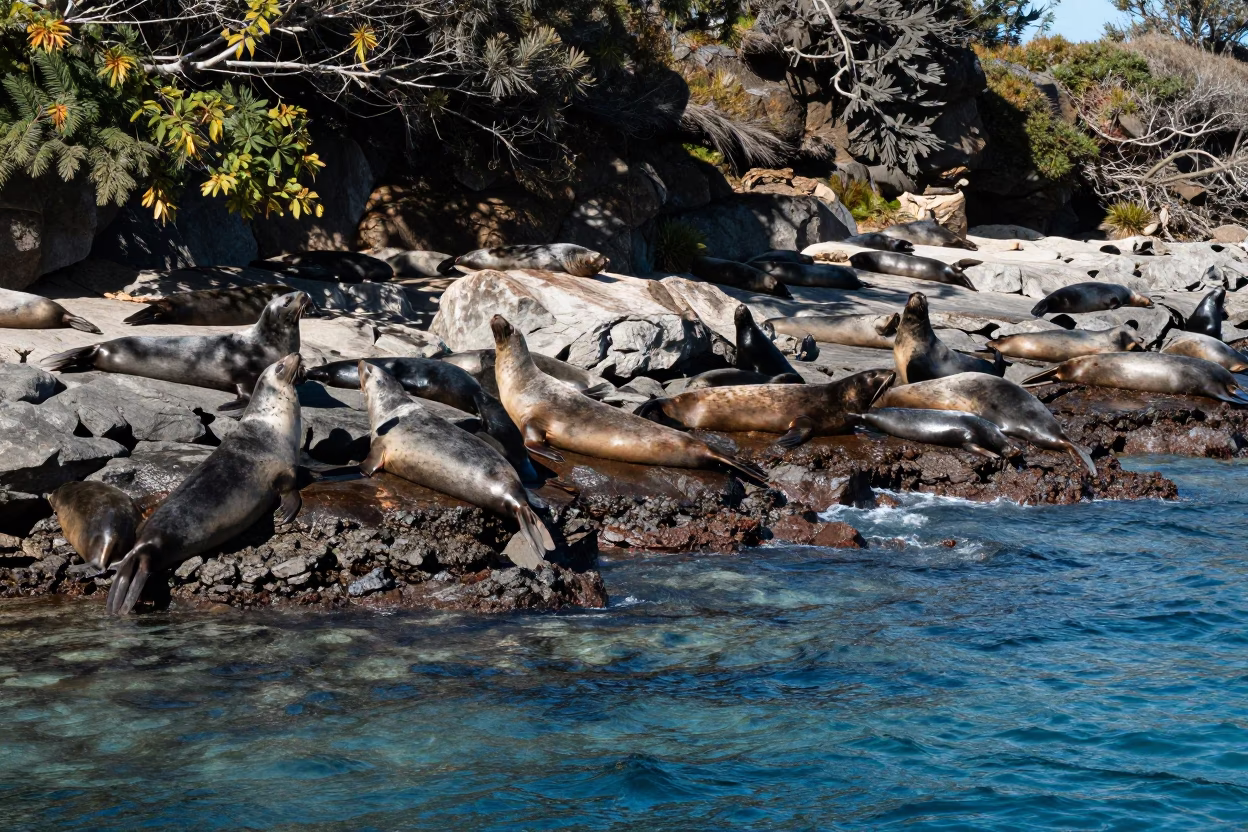 Seal Colony Resting on Rocky Shore Amidst Dappled Light in above a cold-water reef edge near Salvador