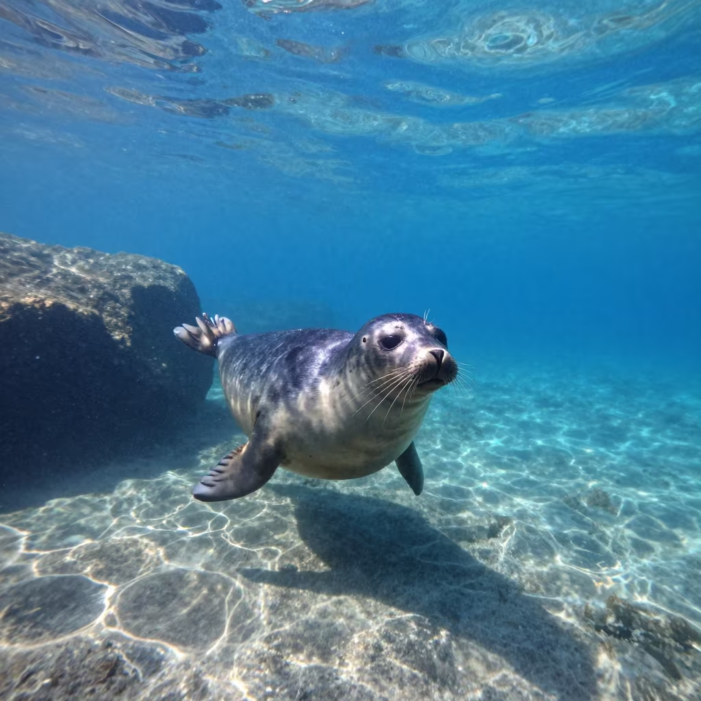 Seal Drifting Through Plankton Haze in Cobalt Water in beside a tide-cut rock ledge under clear water in Sardinia