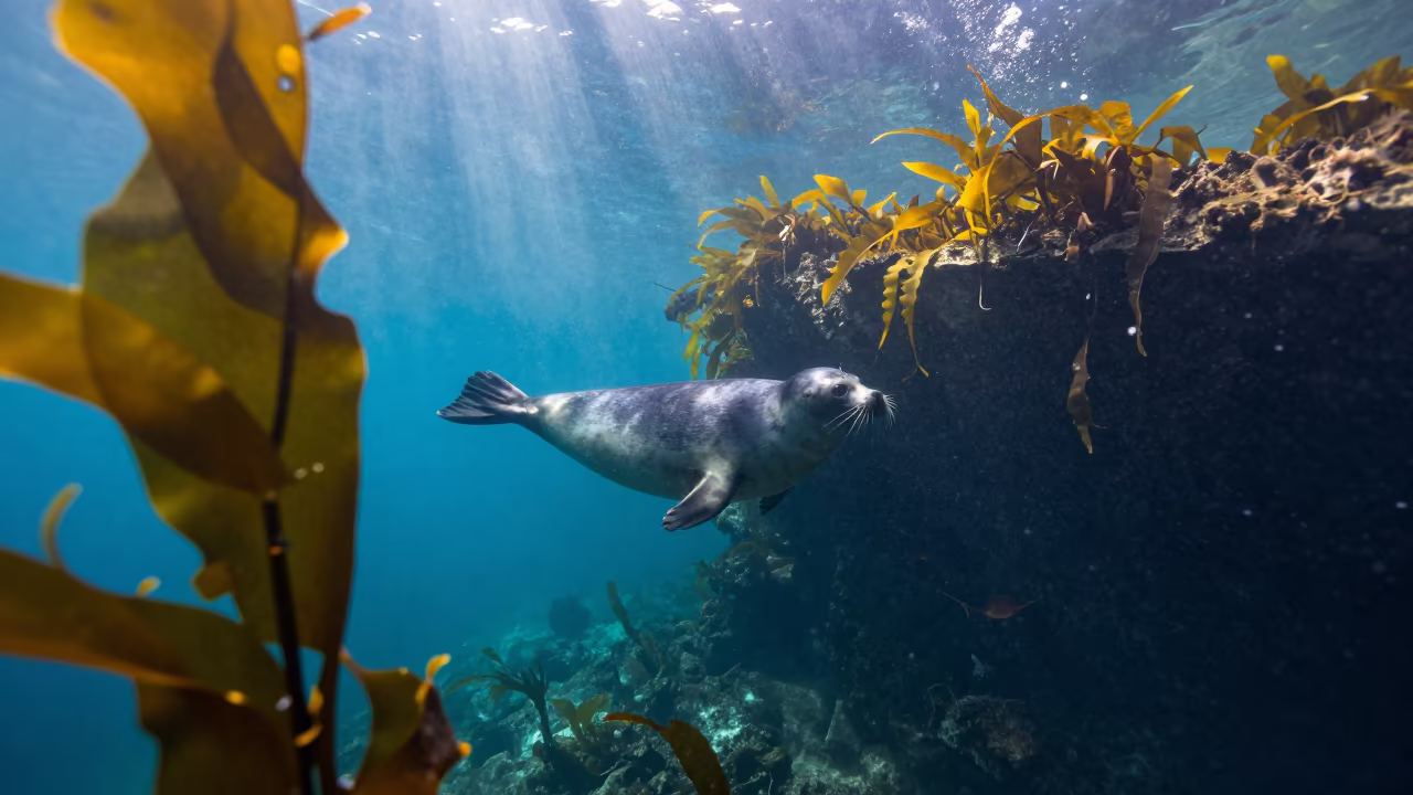 Seal Drifting Through Kelp Forest in Cobalt Light in through kelp fronds beside a rocky shelf in Cartagena