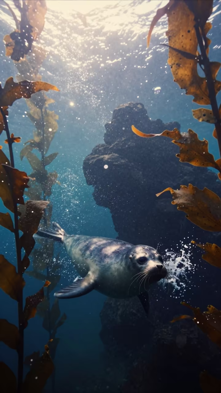 Seal gliding through kelp in dawn cobalt light in through kelp fronds beside a rocky shelf in Goa