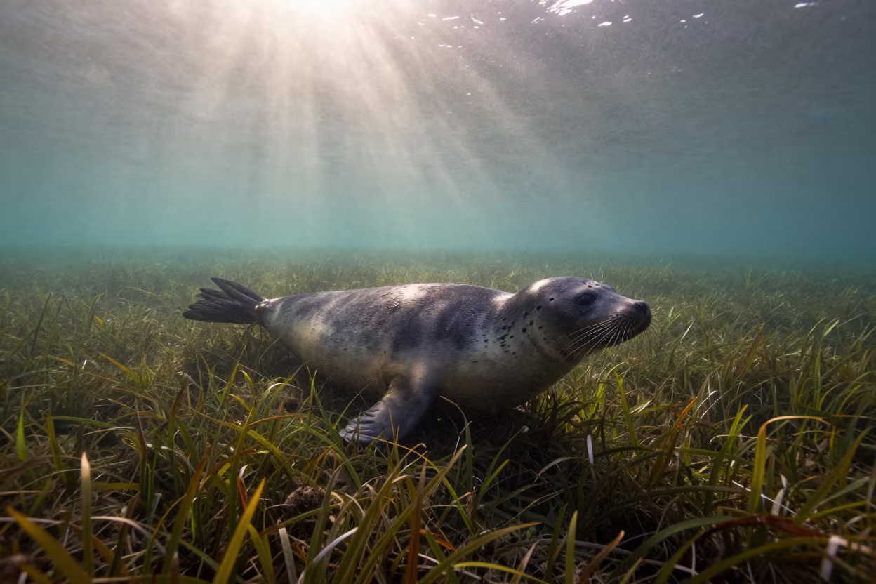 Seal Swimming Through Seagrass at Dawn in along a seagrass channel near the coast in Indonesia