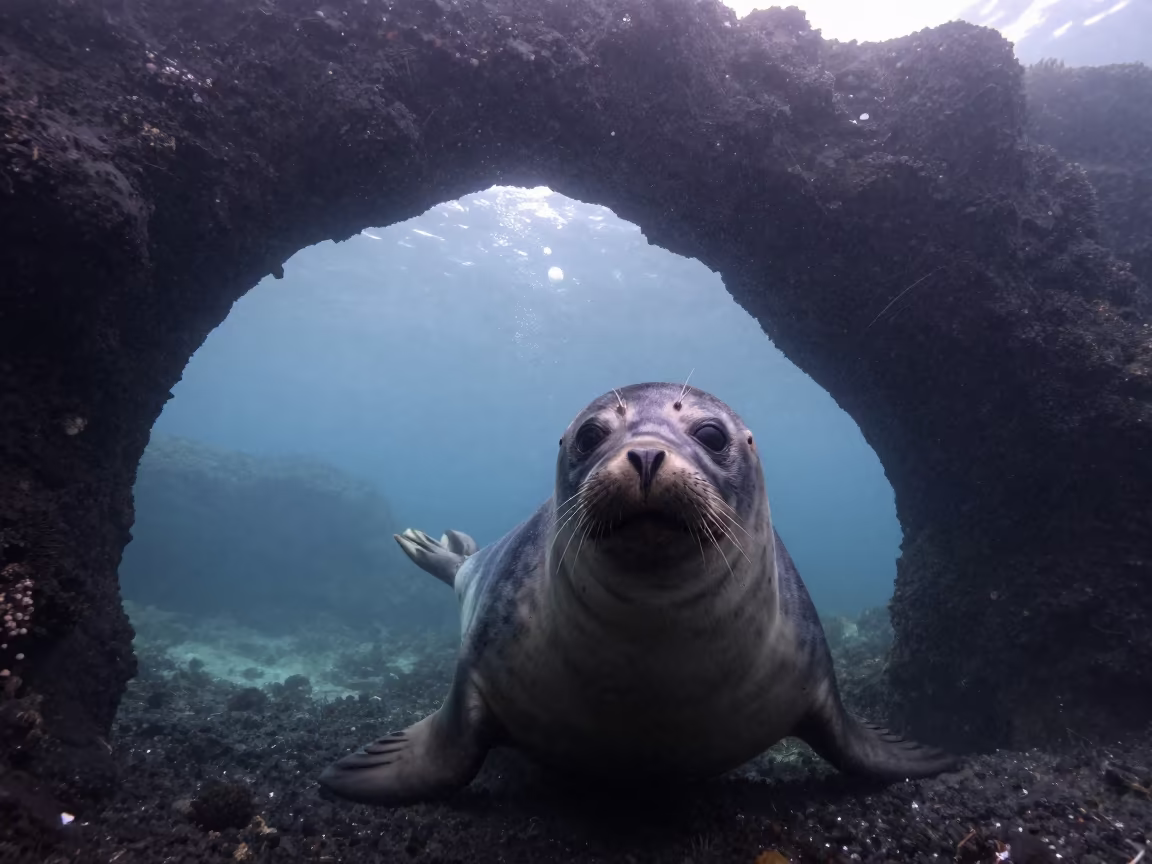 Seal Silhouette Through Volcanic Arch at Dawn in above a cold-water reef edge in Italy