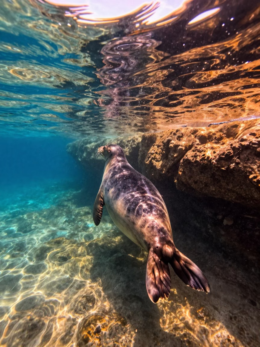 Seal Swimming Through Sunlit Water in Greece in beside a tide-cut rock ledge under clear water in Greece