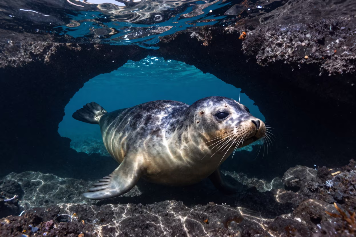 Seal Swimming Through Volcanic Arch Under Water in above a cold-water reef edge in Florida