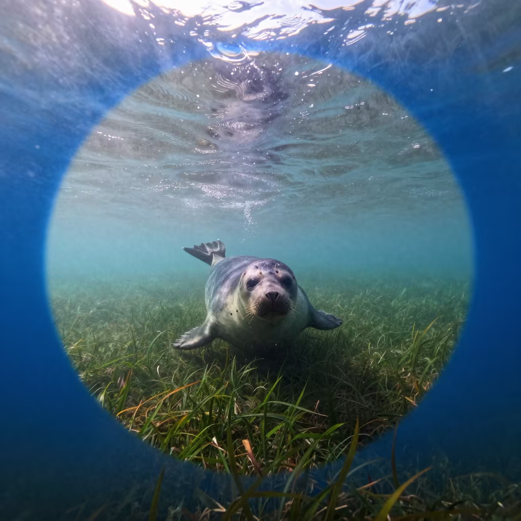 Seal Through Blue Hole at Dawn in Goa in along a seagrass channel near the coast in Goa
