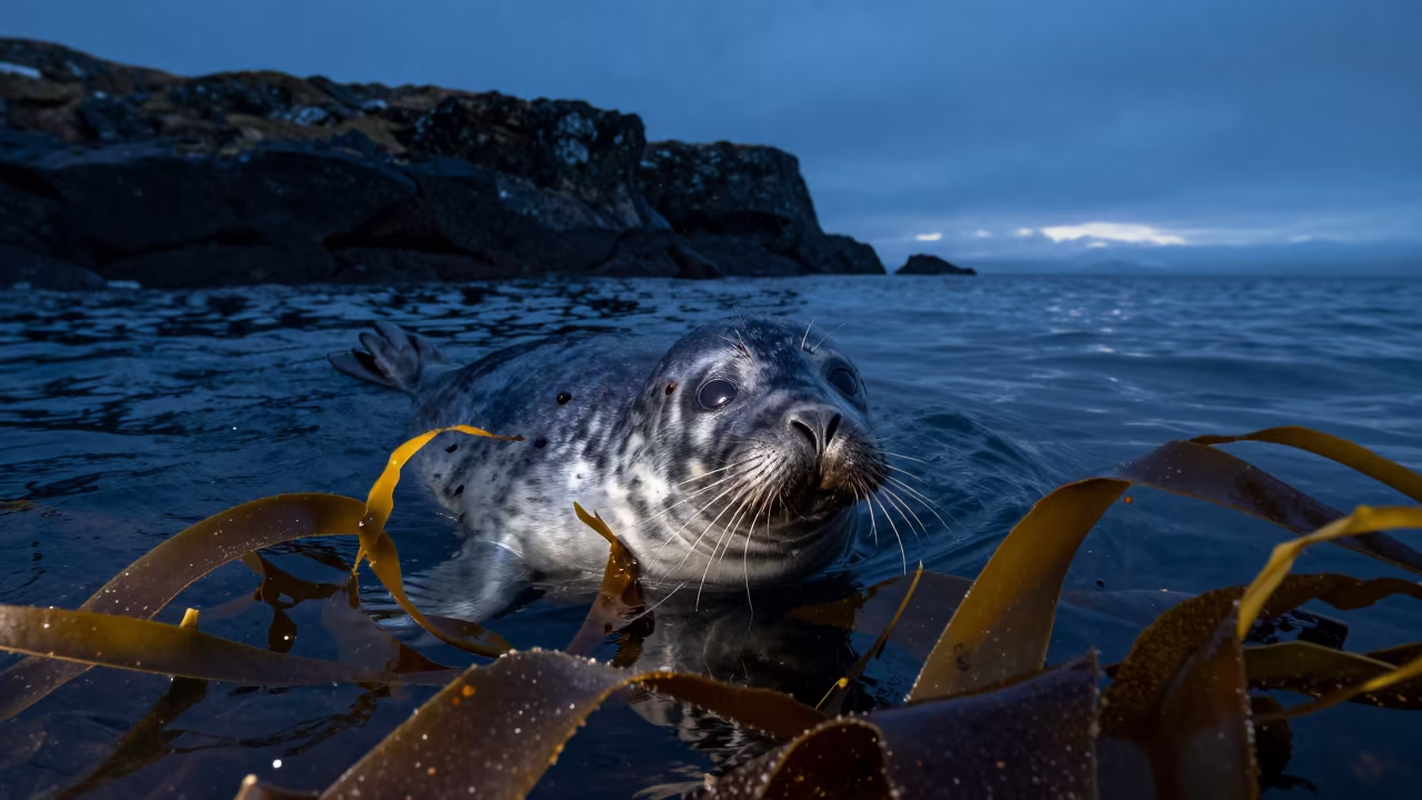 Seal Through Kelp in Dawn Haze Iceland in through kelp fronds beside a rocky shelf in Iceland