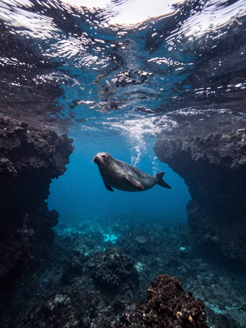 Seal Through Volcanic Arch at Dawn in above a cold-water reef edge in Italy