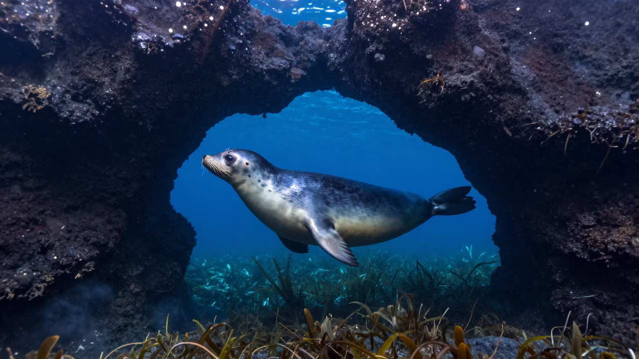 Seal Through Volcanic Arch in Fiji in along a seagrass channel near the coast in Fiji