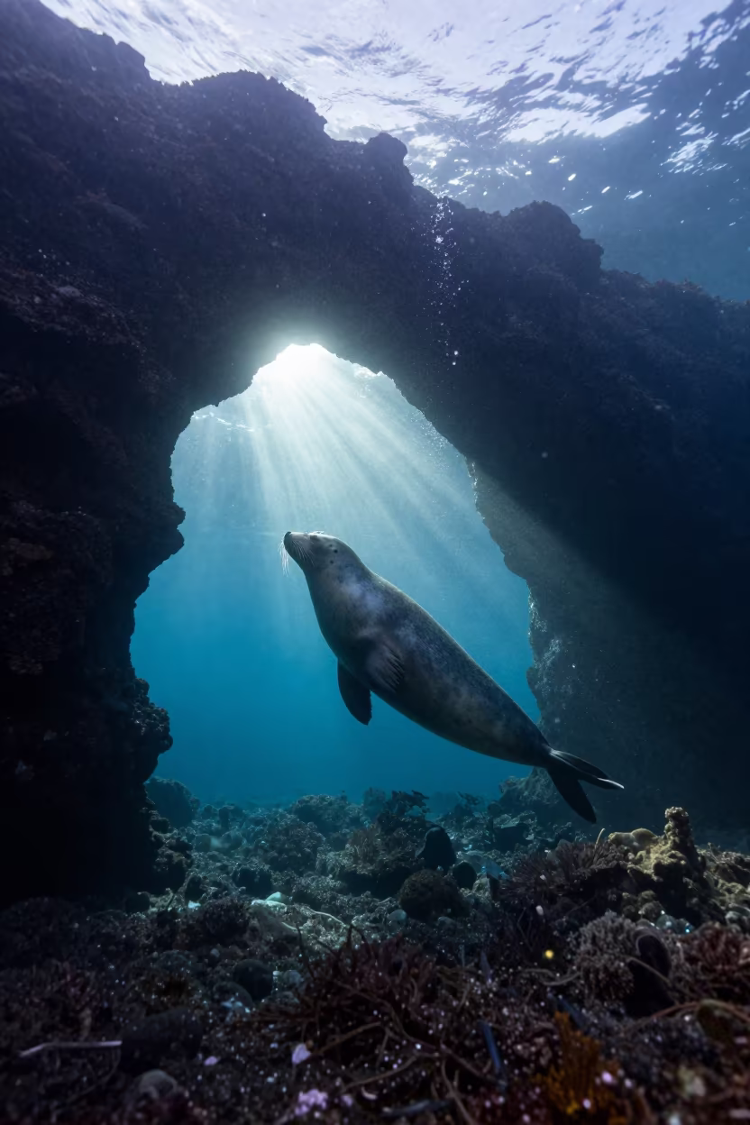 Seal Under Volcanic Arch in BC in above a cold-water reef edge in British Columbia
