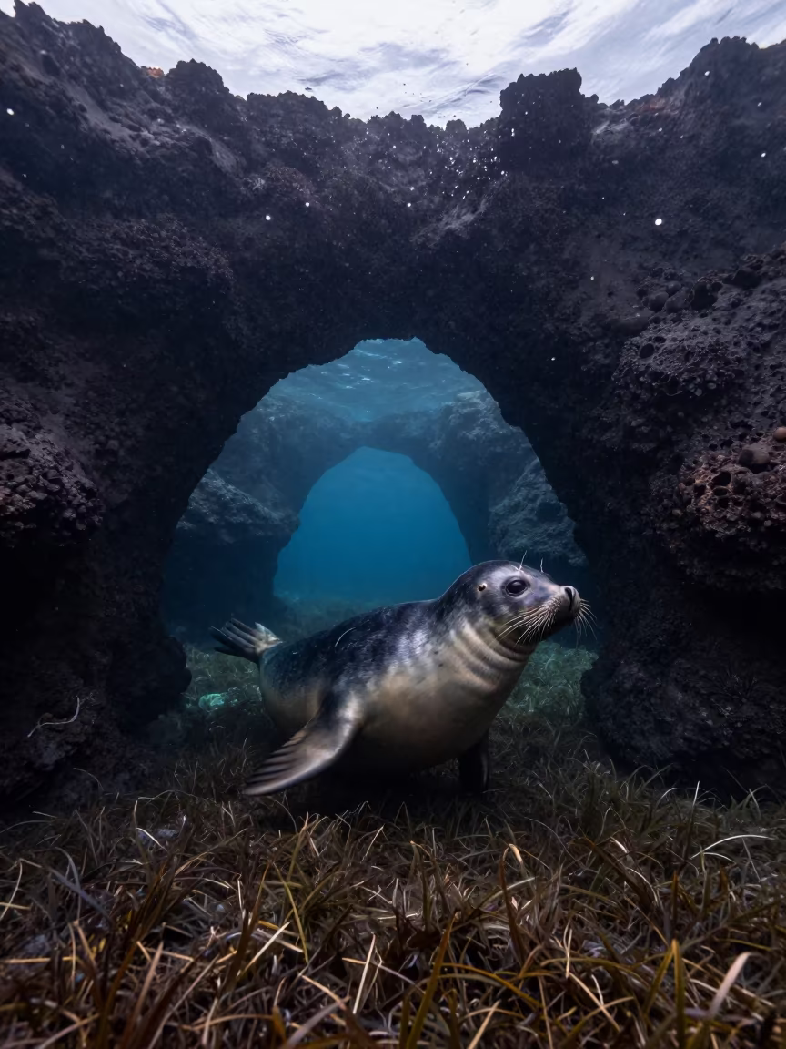 Seal Through Volcanic Arch in Cobalt Evening Light in along a seagrass channel near the coast near Fukuoka