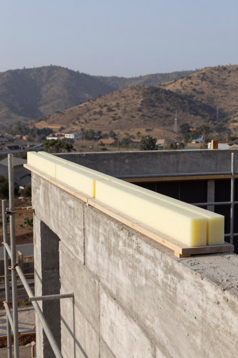 Sealant Backer Rod Shelf on Burkina Faso Facade in along a scaffolded facade in Burkina Faso