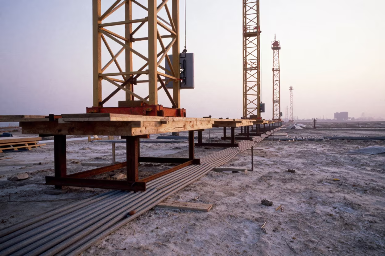 Sealant Backer Rod Shelf Under Crane at Dead Sea in beneath a tower crane on open ground in the Dead Sea