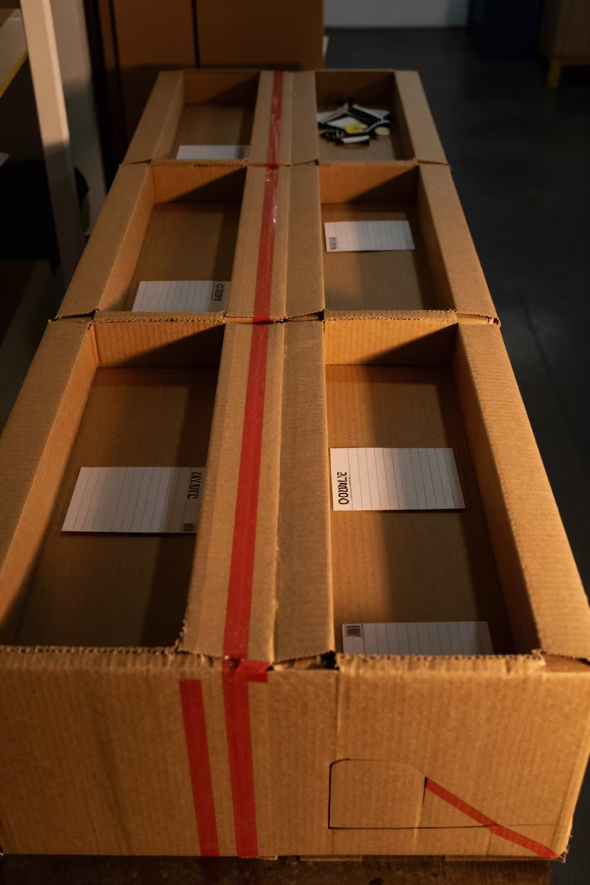 Sealed COD Envelope Box Before Dawn Dispatch in at a fulfillment packing station in Auckland
