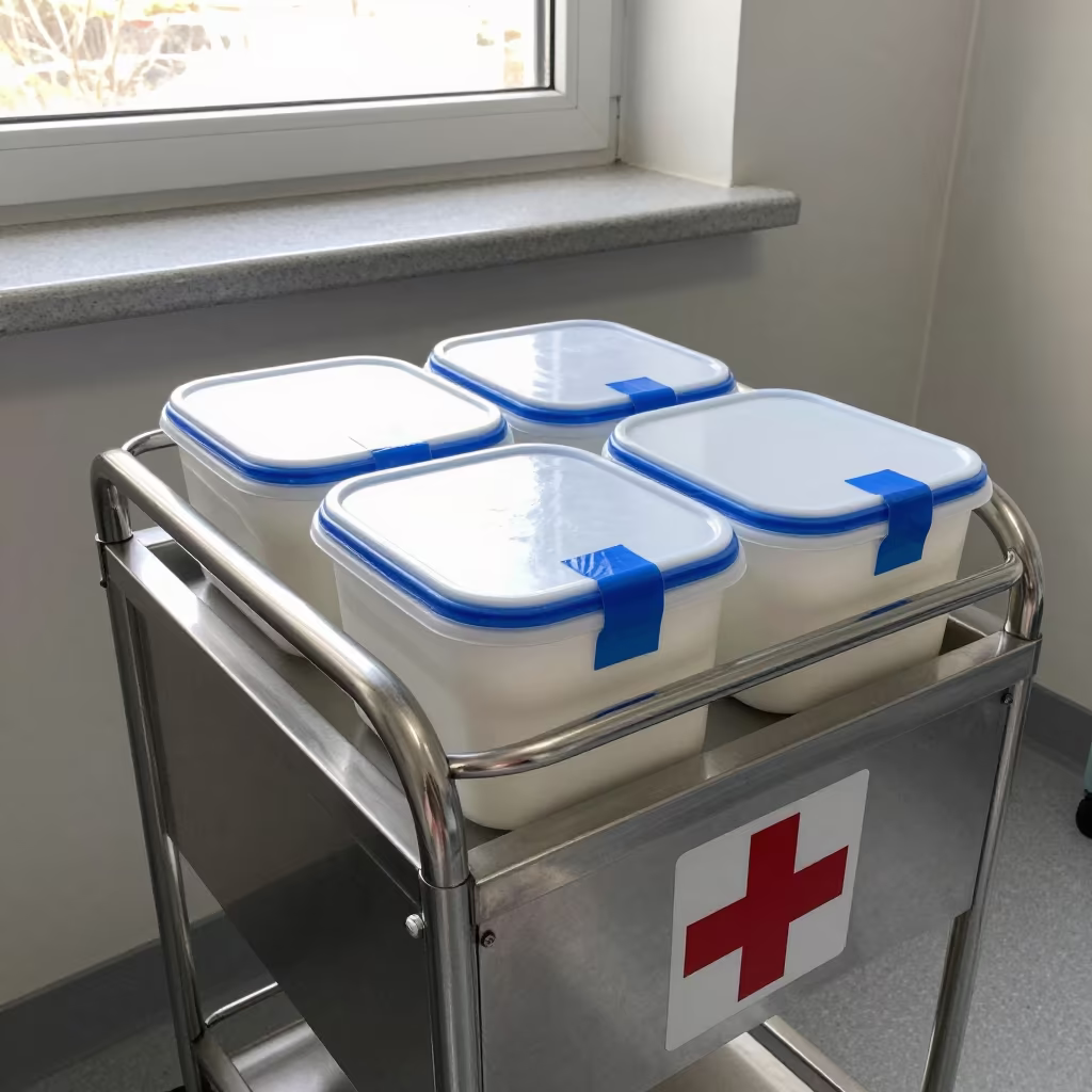Sealed Medical Bins on Cart in Prague Alcove in inside a medical supply alcove in Vinohrady, Prague