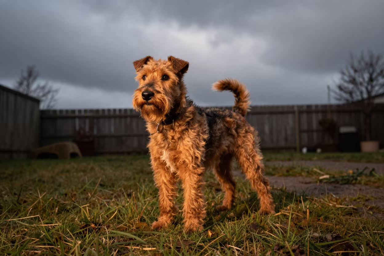 Sealyham Terrier in Evening Park Light in in a small yard with clipped grass, calm light, and the animal centered in frame in Arua
