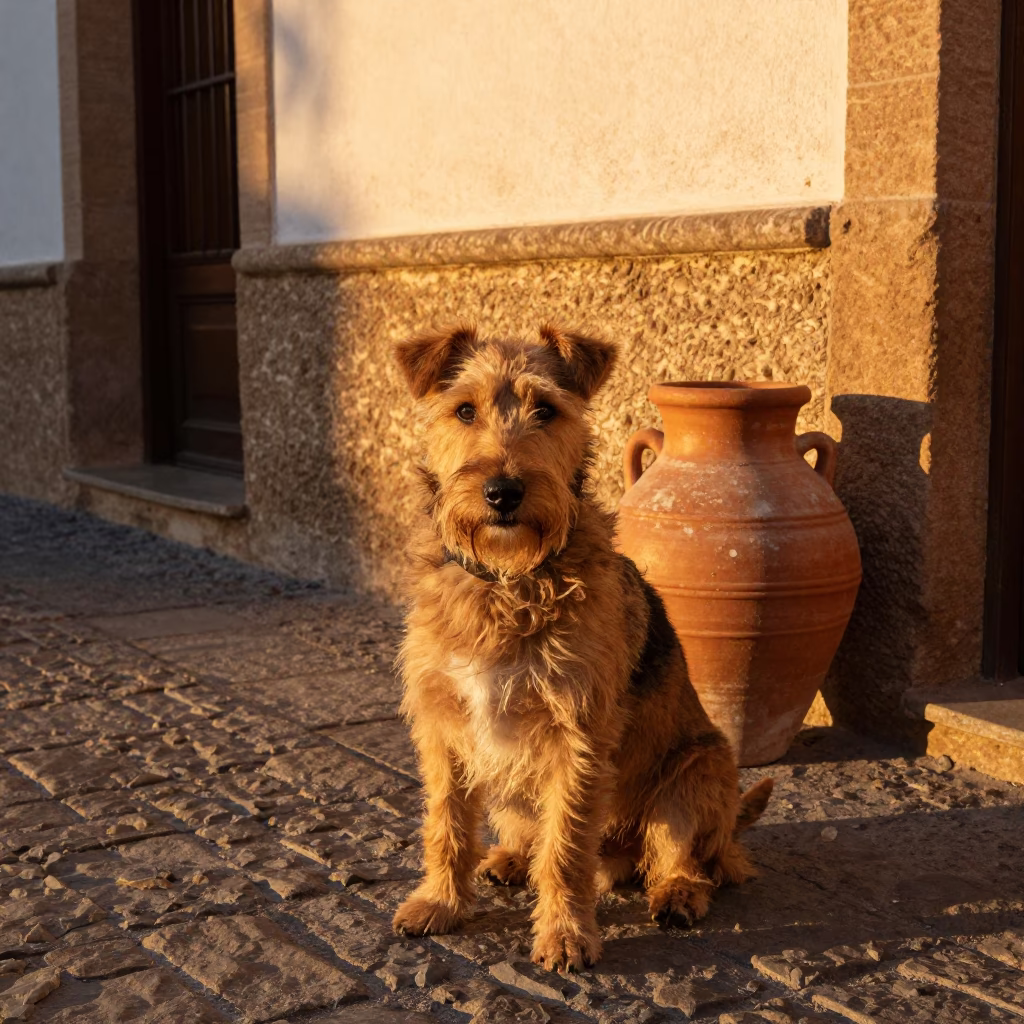 Sealyham Terrier in Granada at Sunset Light in in Granada, Spain