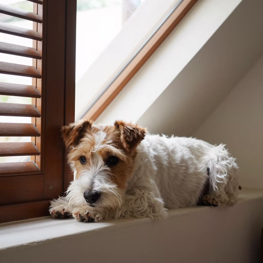 Sealyham Terrier on Window Seat in Lombok in on a window seat in a quiet apartment with soft side light in Lombok