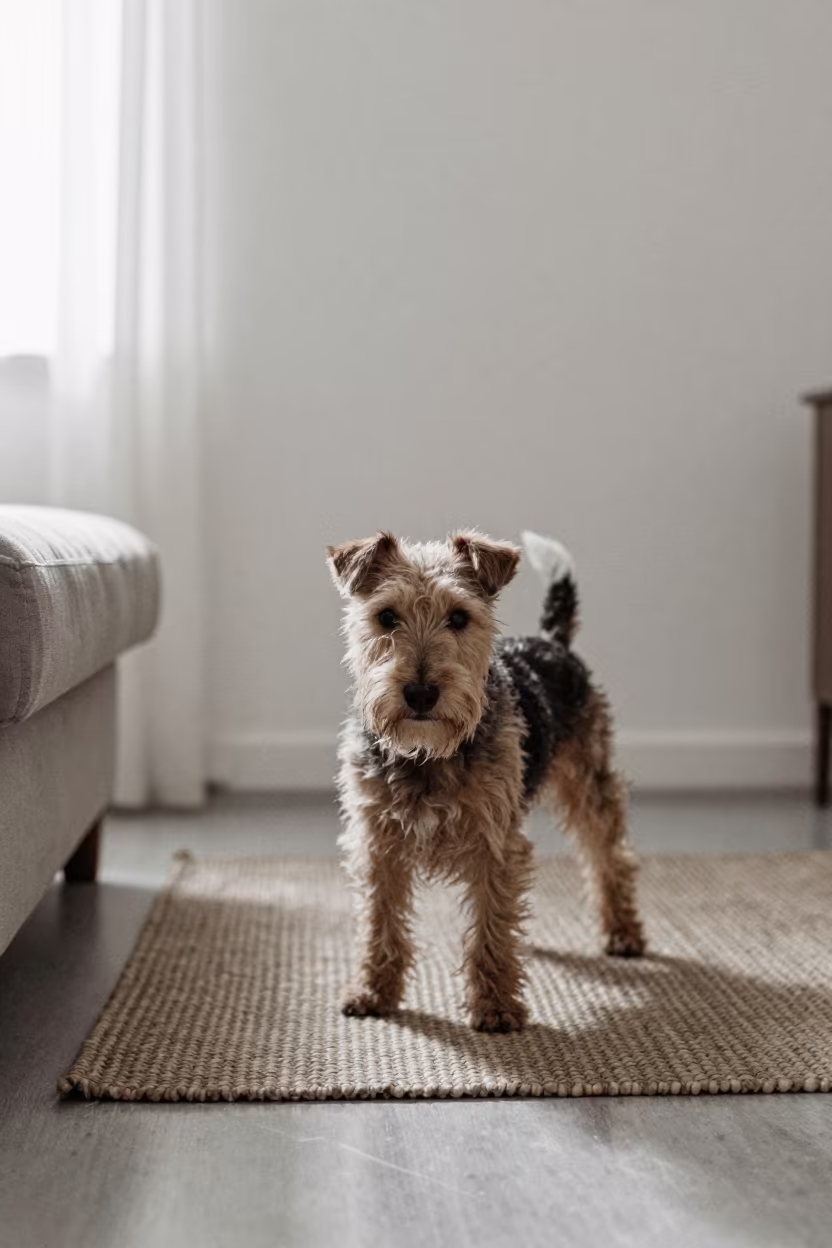Sealyham Terrier on Woven Rug in Kirkuk Home in on a woven rug beside a low couch and an uncluttered wall in Kirkuk