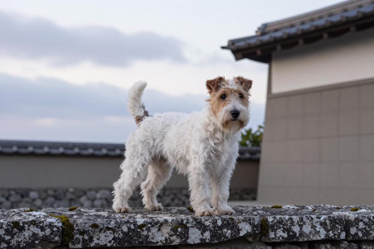 Sealyham Terrier Portrait in Naha Garden Morning Light in near a garden edge with soft morning light and an uncluttered background near Naha