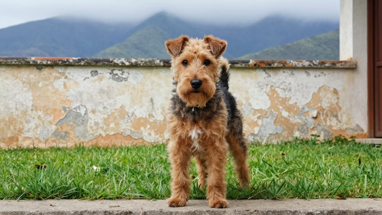 Sealyham Terrier Portrait in Puerto Ayacucho Yard in in a small yard with clipped grass, calm light, and the animal centered in frame in Puerto Ayacucho