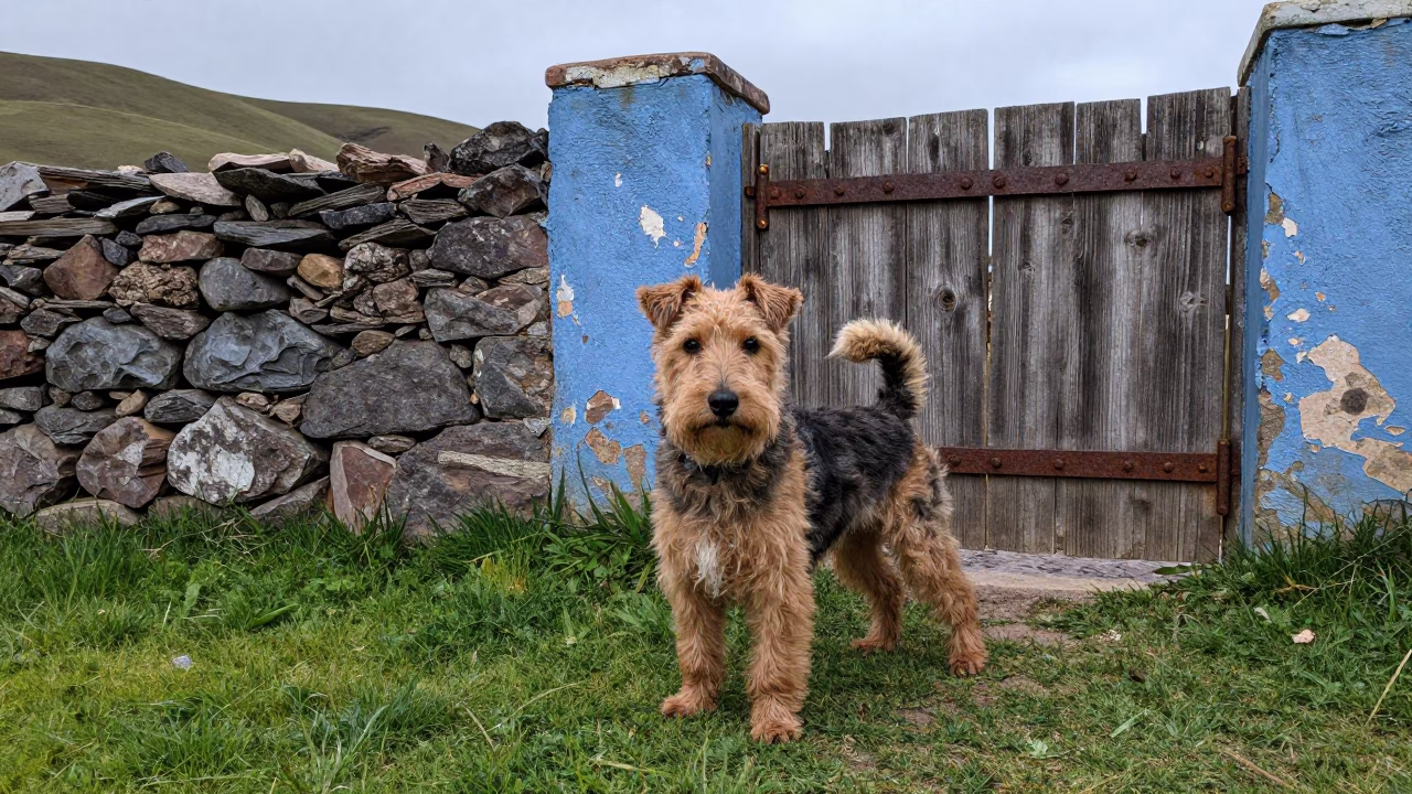 Sealyham Terrier Portrait in Sucre Yard in in a small yard with clipped grass, calm light, and the animal centered in frame in Sucre