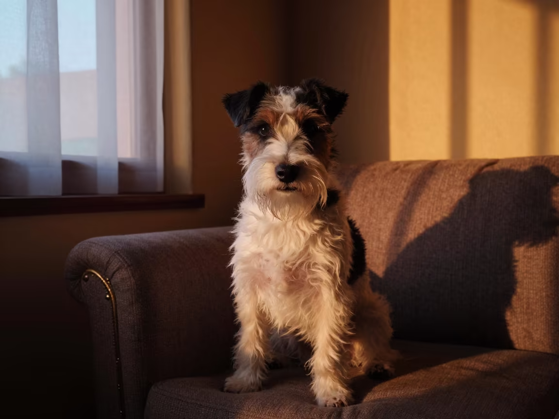 Sealyham Terrier Portrait Near Window in Huánuco Home in on a sofa near a curtained window with calm indoor light in Huánuco