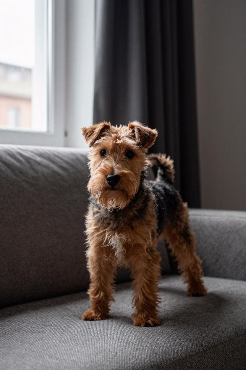 Sealyham Terrier Portrait on Sofa Near Window in on a sofa near a curtained window with calm indoor light in Novosibirsk