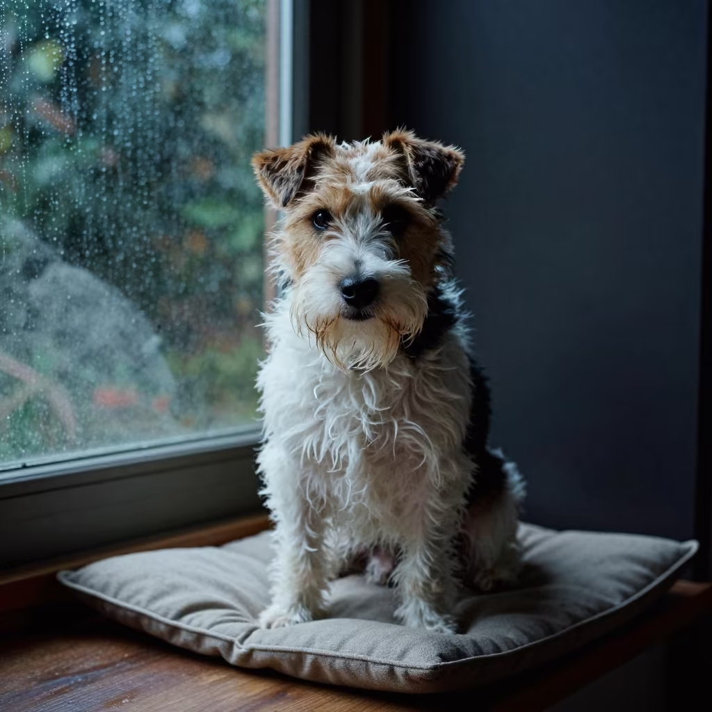 Sealyham Terrier Portrait on Window Seat Bayamo in on a cushioned window seat with soft side light and an uncluttered background near Bayamo