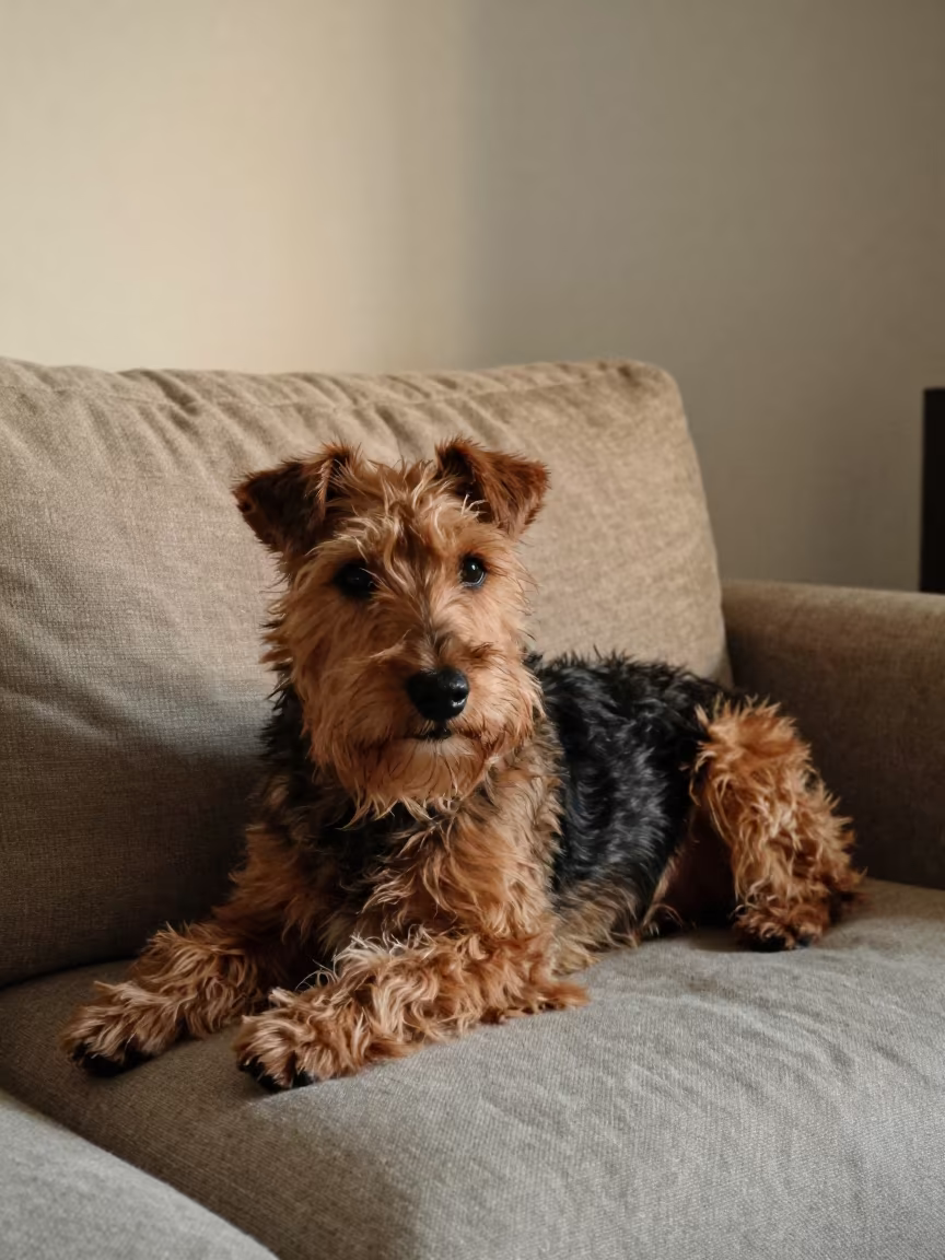Sealyham Terrier Resting on Linen Sofa in Winter Light in on a linen sofa with daylight from a nearby window near Umm Qasr