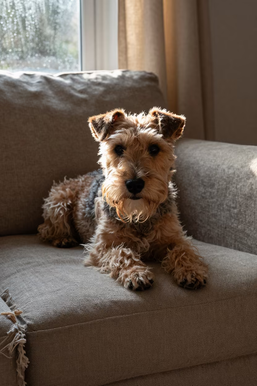 Sealyham Terrier Resting on Linen Sofa in on a linen sofa with daylight from a nearby window in Gabela
