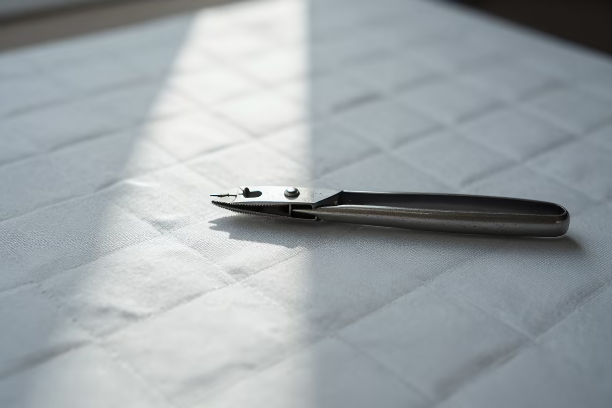Seam Ripper on Quilted Mat in Busan Workshop in on a workshop shelf in Nampo-dong, Busan