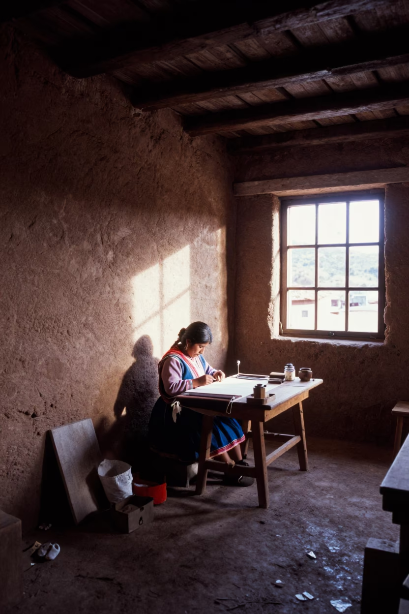Seamsstress Working in Cusco at As First Light Reaches The Scene in in Cusco, Peru