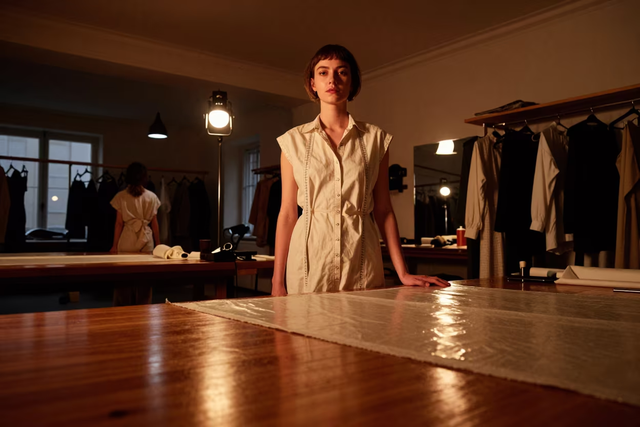 Seamstress in Amber Atelier Light Brussels in under runway rehearsal lights in Brussels