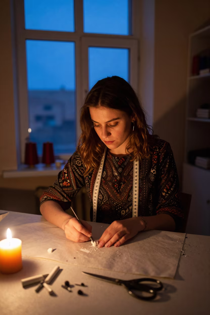 Seamstress in Evening Atelier Daşoguz Candlelight in at a tailoring table strewn with chalk and shears near Daşoguz