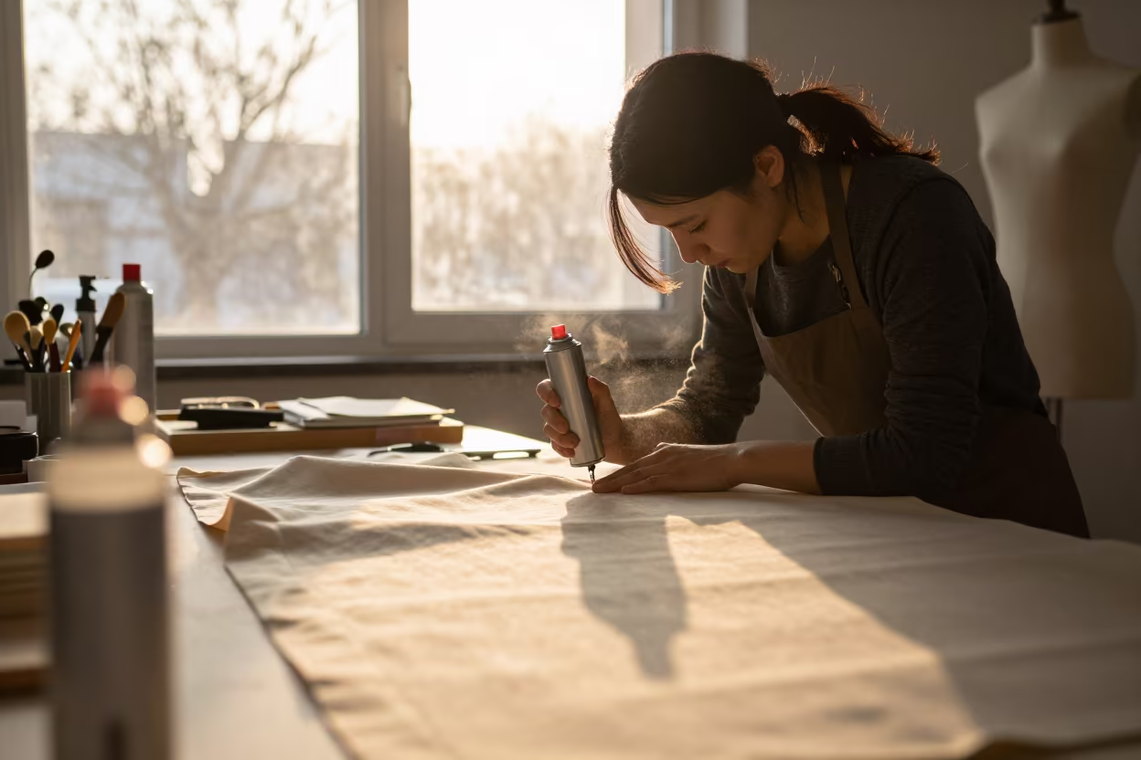 Seamstress Hemming Garment by Sunset Window Light in inside a couture atelier near Zhengzhou