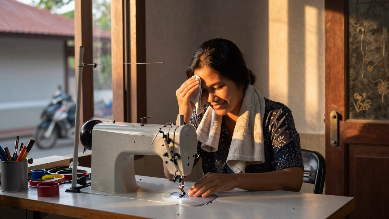 Seamstress in Denpasar Workshop with Tools at Golden Hour in in Denpasar, Indonesia