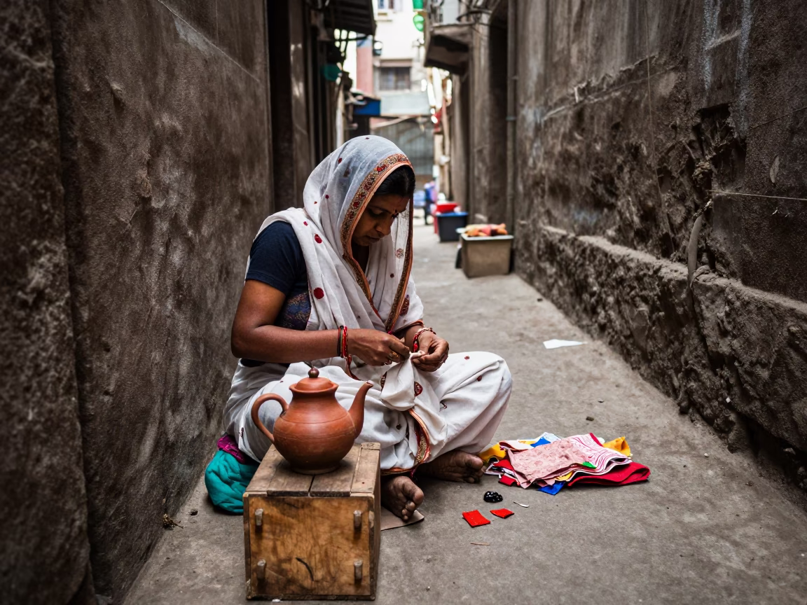 Seamstress in Mumbai at Noon Light in in Mumbai, India