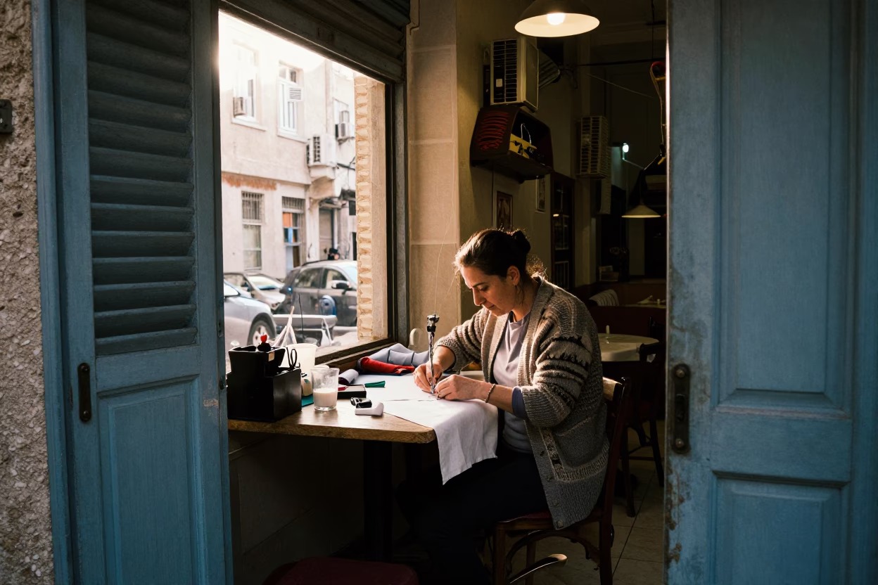 Seamstress just after sunrise in Beirut in in Beirut, Lebanon
