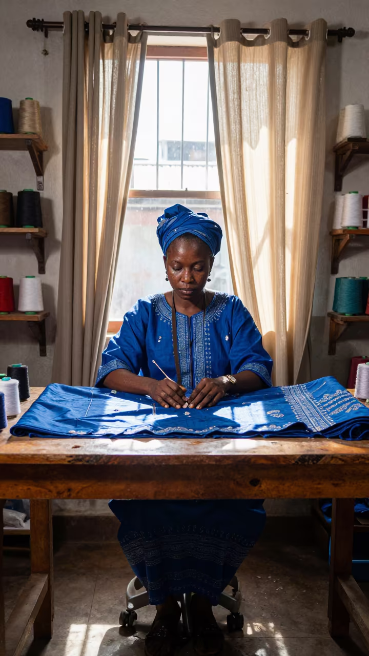 Seamstress Portrait in Monsoon Atelier Light in inside a couture atelier near Mombasa