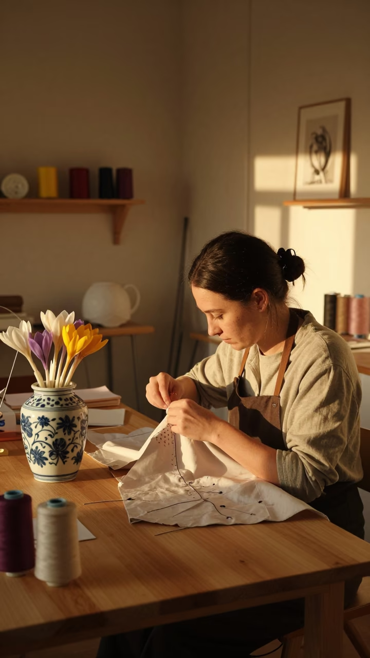 Seamstress Working in Hobart Workshop with Autumn Crocus and Porcelain Jar in in Hobart, Tasmania, Australia