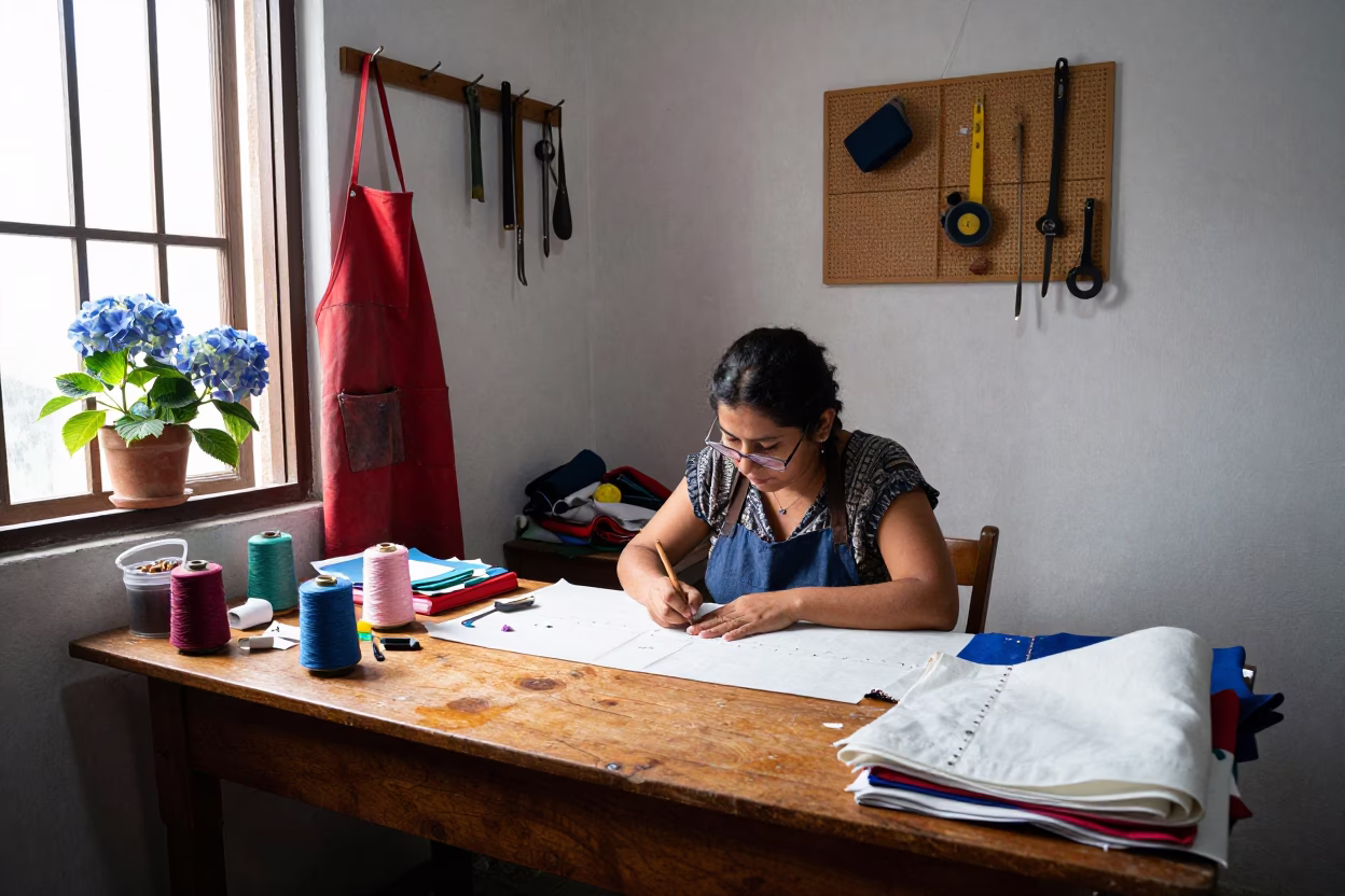 Seamstress Working in Mexico City at Flat Noon Light in in Mexico City, Mexico