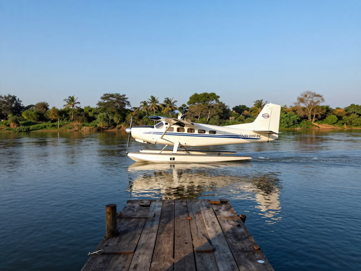 Seaplane Approaching Wooden Dock Under Clear Sky in in Madhya Pradesh