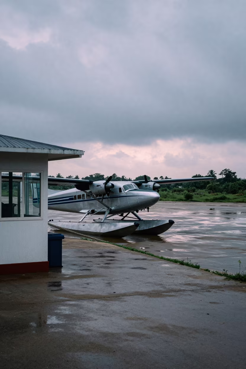 Seaplane at Dawn Beside Kiosk with Taut Cables in near Guéckédougou