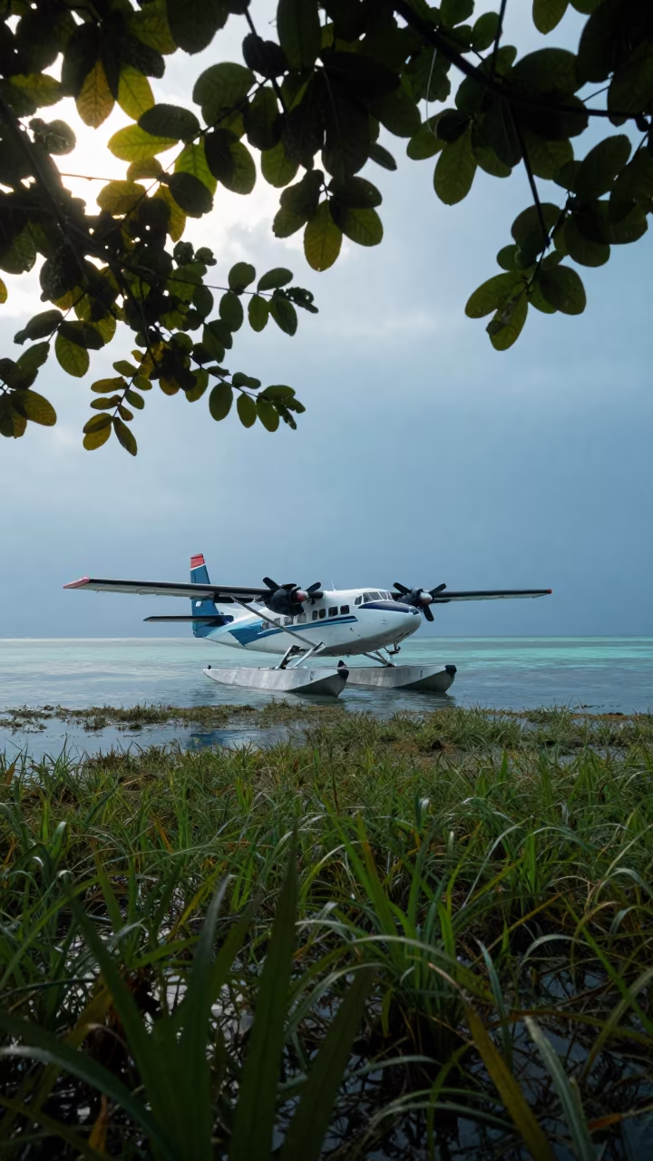 Seaplane Departing Tropical Atoll Seagrass Meadow in above a seagrass meadow near Denpasar