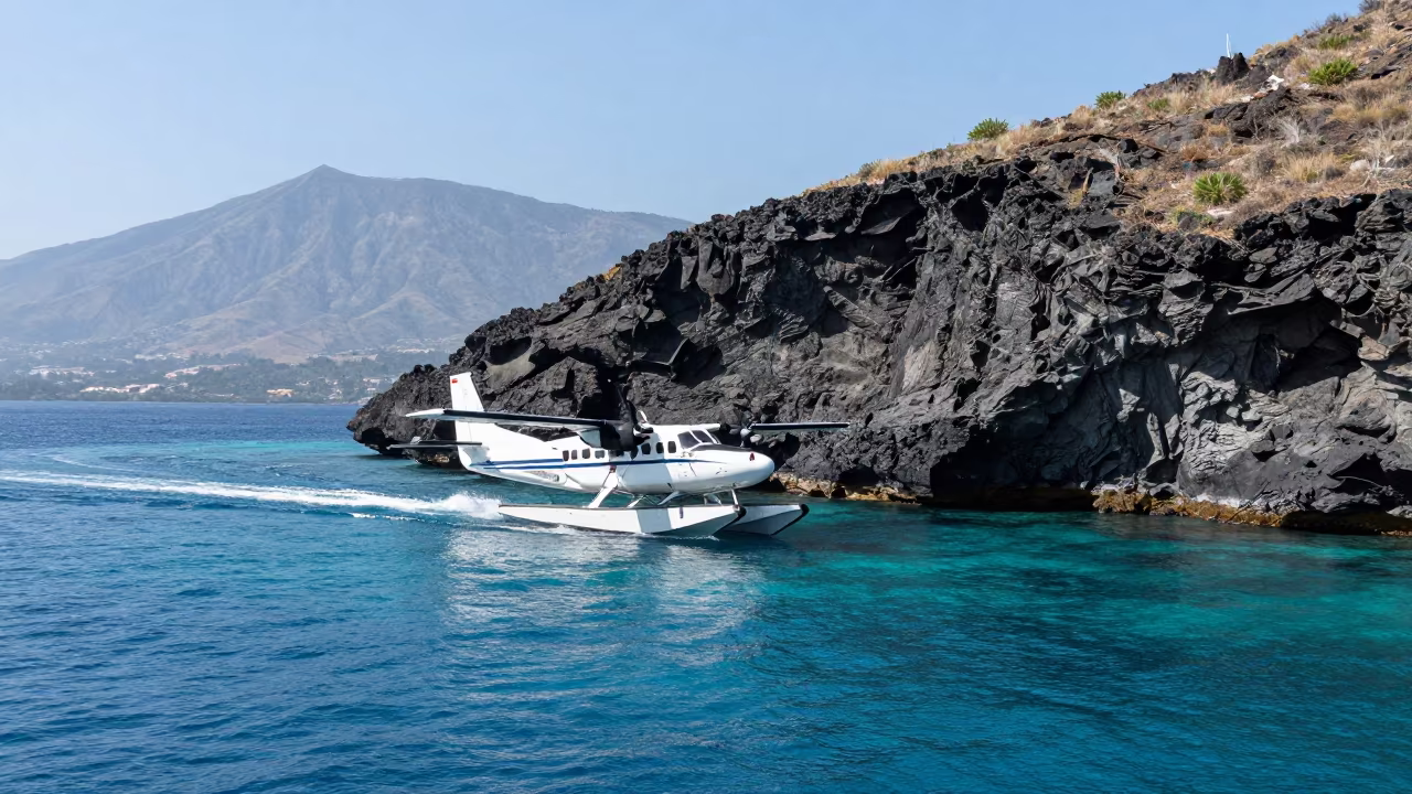 Seaplane Departing Tropical Atoll Beside Volcanic Drop-off in beside a volcanic drop-off in Jamaica