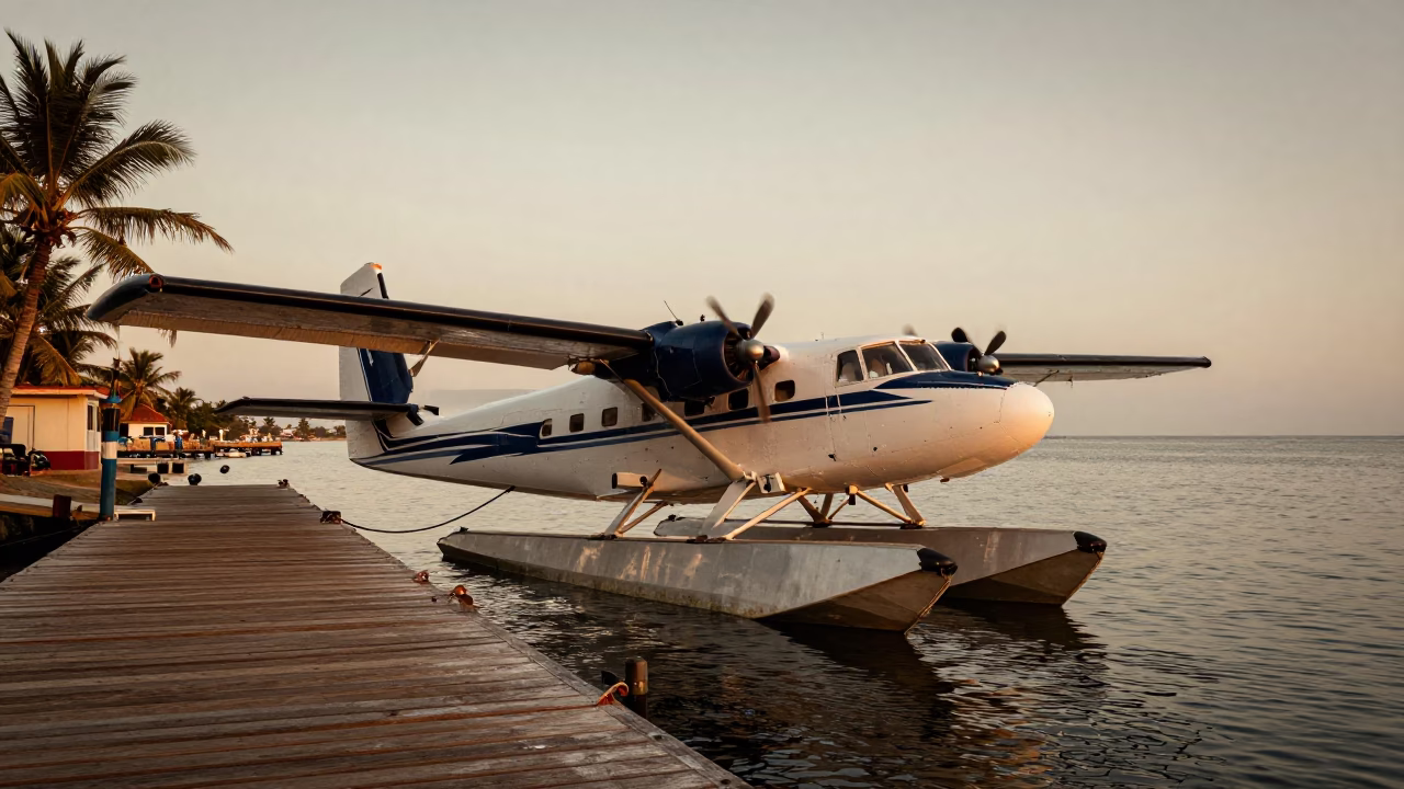 Seaplane docked at tropical pier in Dakar Senegal honeyed evening light in in Dakar, Senegal