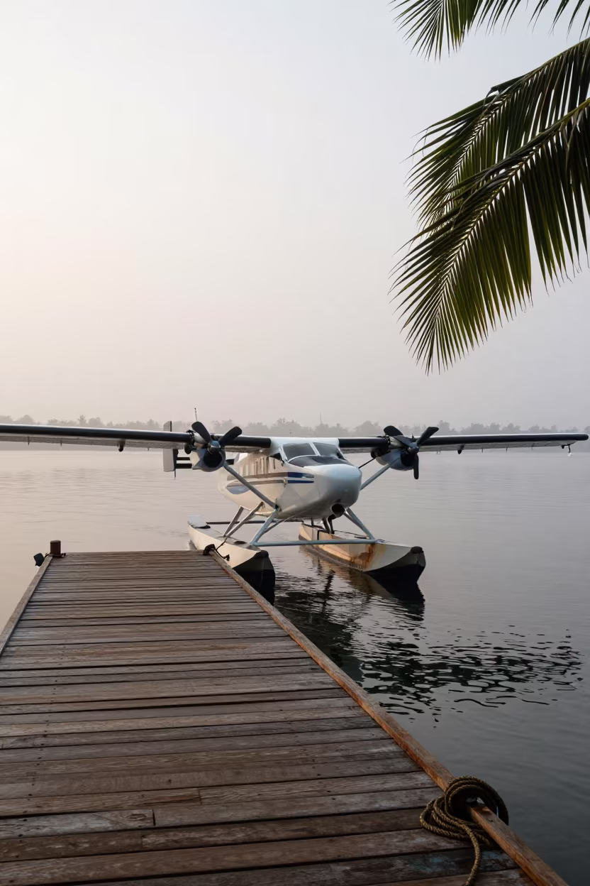 Seaplane Docked at Foggy Kerala Harbor in beside a fogbound harbor mouth in Kerala