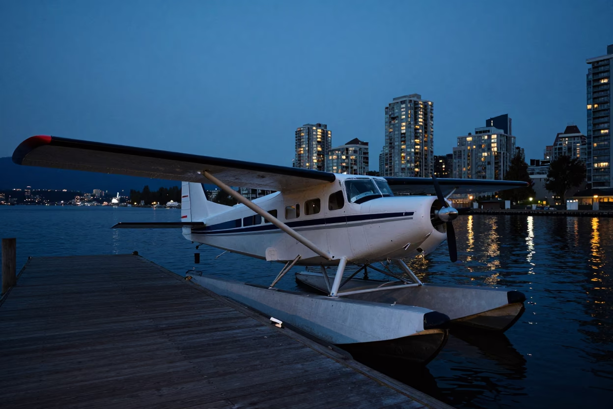 Seaplane Docked in Vancouver at The Last Blue Light Of Evening in in Vancouver, British Columbia, Canada