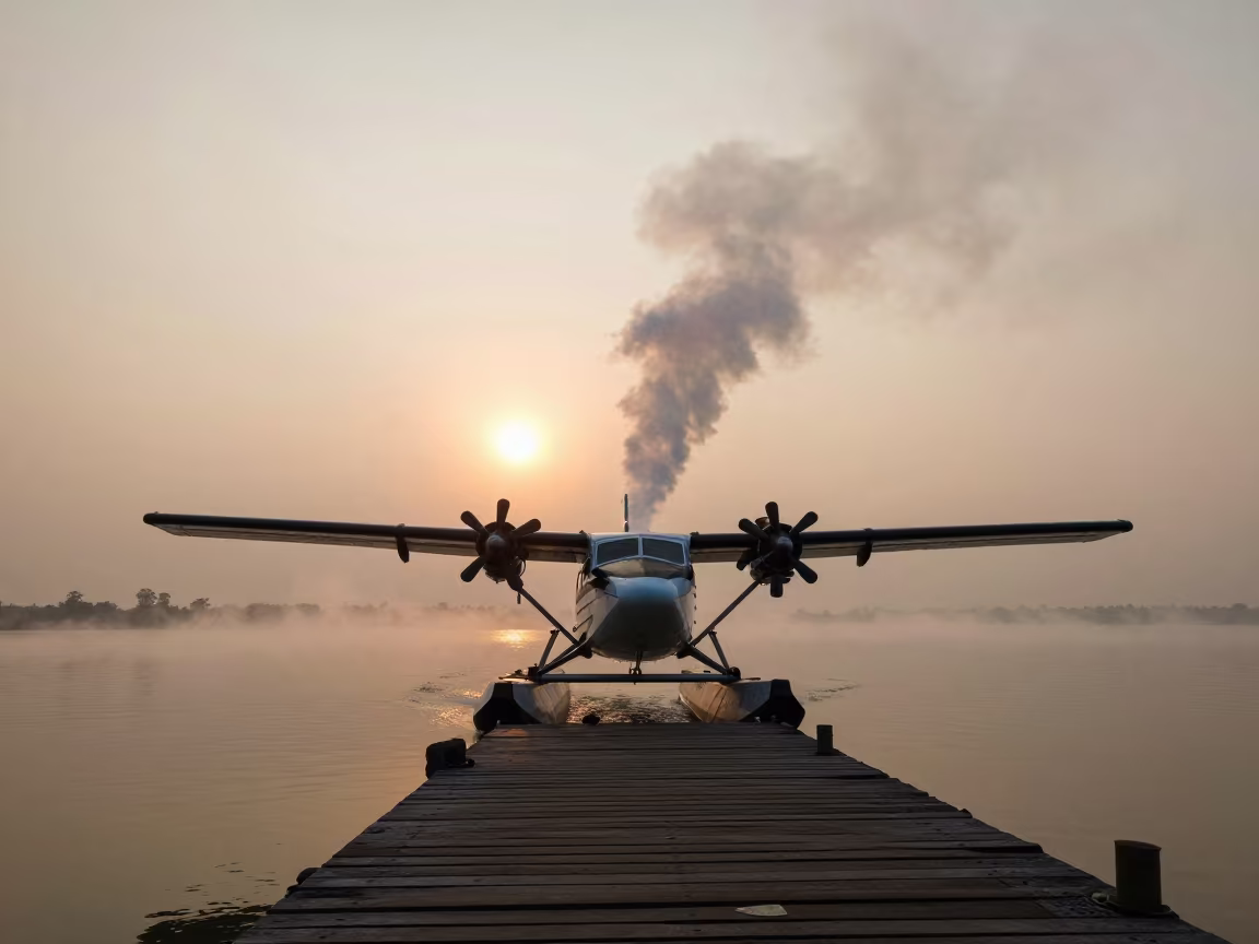 Seaplane Docking at West Bengal Ferry Crossing in across a remote ferry crossing in West Bengal